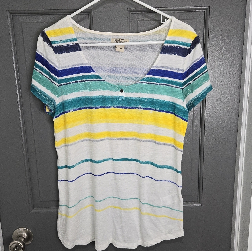 Lucky Brand White Blue Yellow Striped Top Large